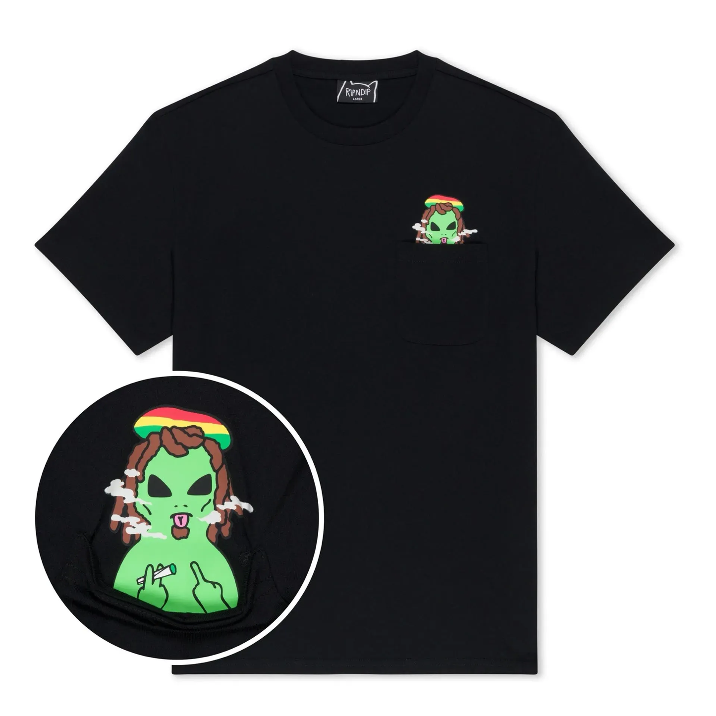 PLAYERA SMOKING RASTA ALIEN POCKET (NEGRO)